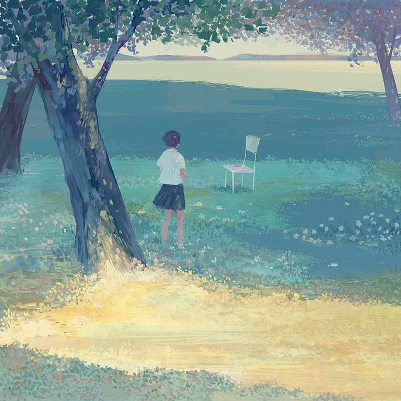 1girl bangqiao_yan brown_hair chair chinese_commentary commentary_request dappled_sunlight day facing_away from_behind grass meadow nature original outdoors paper_airplane shirt short_hair short_sleeves skirt solo standing sunlight tree white_shirt