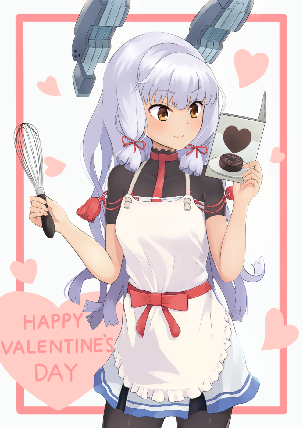 1girl apron black_legwear blush brown_eyes chocolate commentary_request cooking dessert dress food hair_ribbon headgear heart highres kantai_collection long_hair murakumo_(kantai_collection) ochikata_kage pantyhose red_neckwear red_ribbon ribbon sidelocks silver_hair solo tress_ribbon valentine whisk