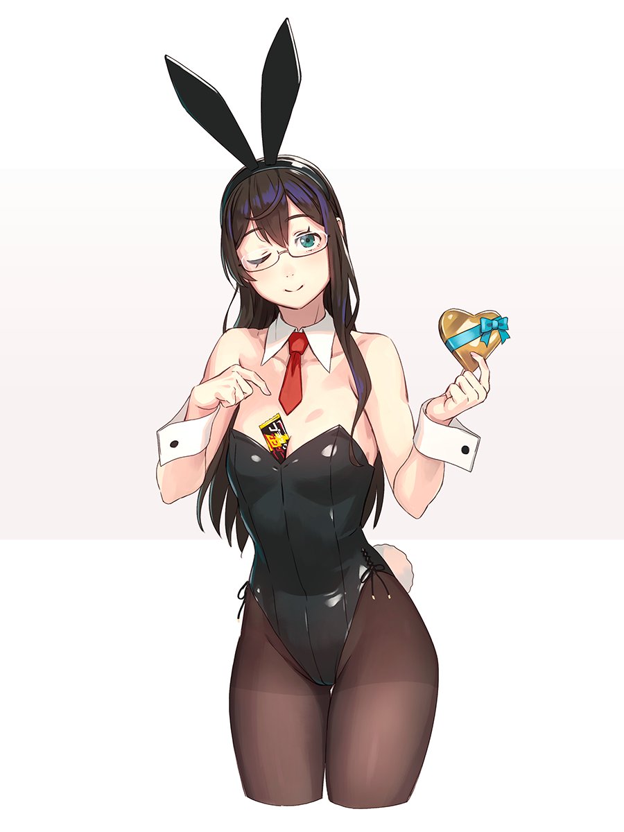 1girl alternate_costume animal_ears arms_up bangs bare_shoulders between_breasts black_hair black_leotard blue_eyes blush breasts brown_legwear bunny_girl bunnysuit candy candy_bar chocolate chocolate_heart closed_mouth collarbone cropped_legs detached_collar eyebrows_visible_through_hair food food_between_breasts glasses groin hairband heart highleg highleg_leotard highres holding kantai_collection leotard long_hair looking_at_viewer necktie one_eye_closed ooyodo_(kantai_collection) pantyhose rabbit_ears red_neckwear ribbon semi-rimless_eyewear simple_background small_breasts smile solo strapless strapless_leotard under-rim_eyewear valentine white_background wrist_cuffs yuuji_(and)