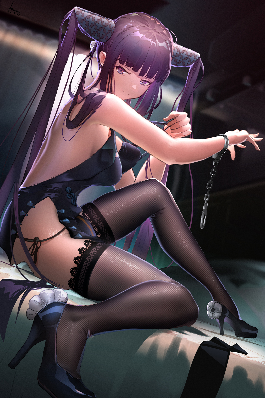 1girl back backless_dress backless_outfit bangs bare_shoulders black_dress black_footwear black_legwear blunt_bangs breasts cuffs dress fate/grand_order fate_(series) handcuffs high_heels highres knee_up lace lace-trimmed_legwear large_breasts legs long_hair looking_at_viewer luomo purple_hair short_dress side_slit sidelocks sitting smile solo thigh-highs thighs twintails very_long_hair yang_guifei_(fate/grand_order)