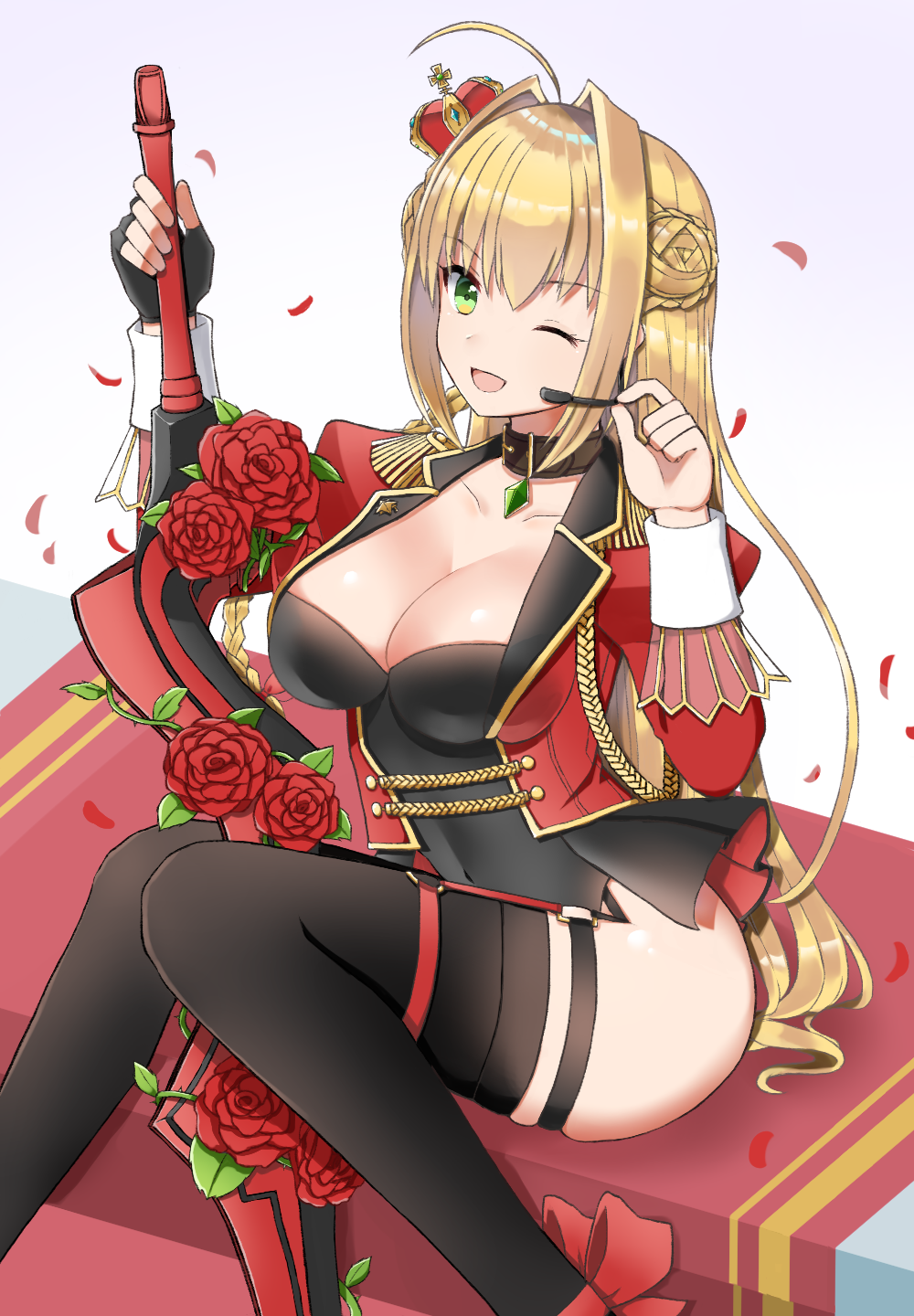 1girl blonde_hair dress fate/grand_order fate_(series) faton flower green_eyes highres jewelry looking_at_viewer necklace nero_claudius_(fate) nero_claudius_(fate)_(all) simple_background sitting sword weapon