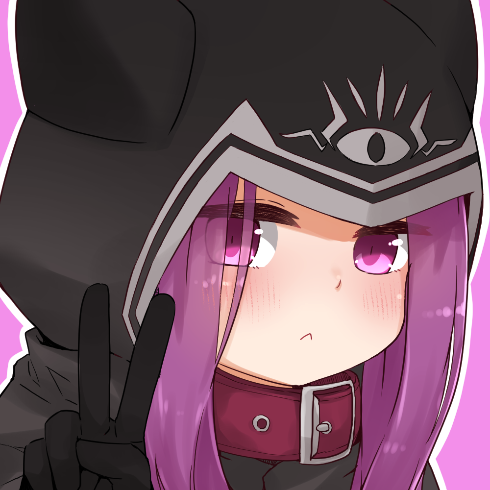 1girl :&lt; animal_ears animal_hood bangs black_gloves blush closed_mouth collar fake_animal_ears fate/grand_order fate_(series) gloves hand_up hood hood_up i.u.y long_hair looking_at_viewer medusa_(lancer)_(fate) outline parted_bangs pink_background purple_hair red_collar rider sidelocks solo upper_body v violet_eyes white_outline