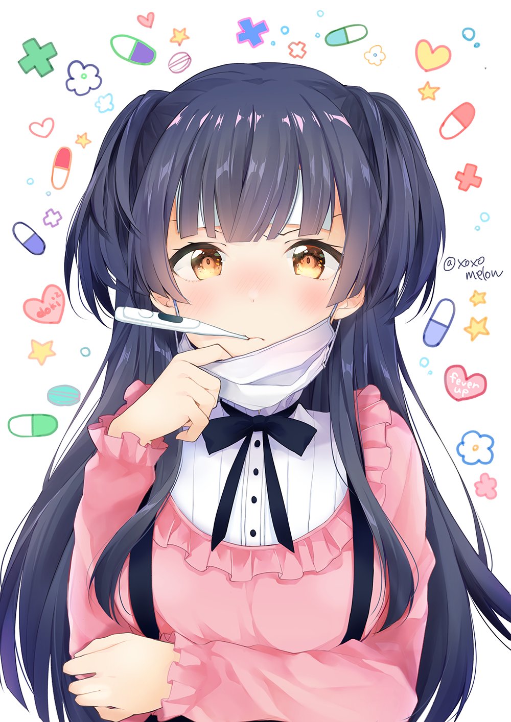 1girl adjusting_mask bangs black_hair black_neckwear blouse blush commentary_request cooling_pad digital_thermometer frilled_shirt_collar frilled_sleeves frills frown hand_on_own_elbow heart highres idolmaster idolmaster_shiny_colors long_hair long_sleeves looking_at_viewer mayuzumi_fuyuko mouth_hold neck_ribbon peke_(xoxopeke) pill pink_blouse ribbon shirt solo star surgical_mask twitter_username two_side_up upper_body white_shirt yellow_eyes