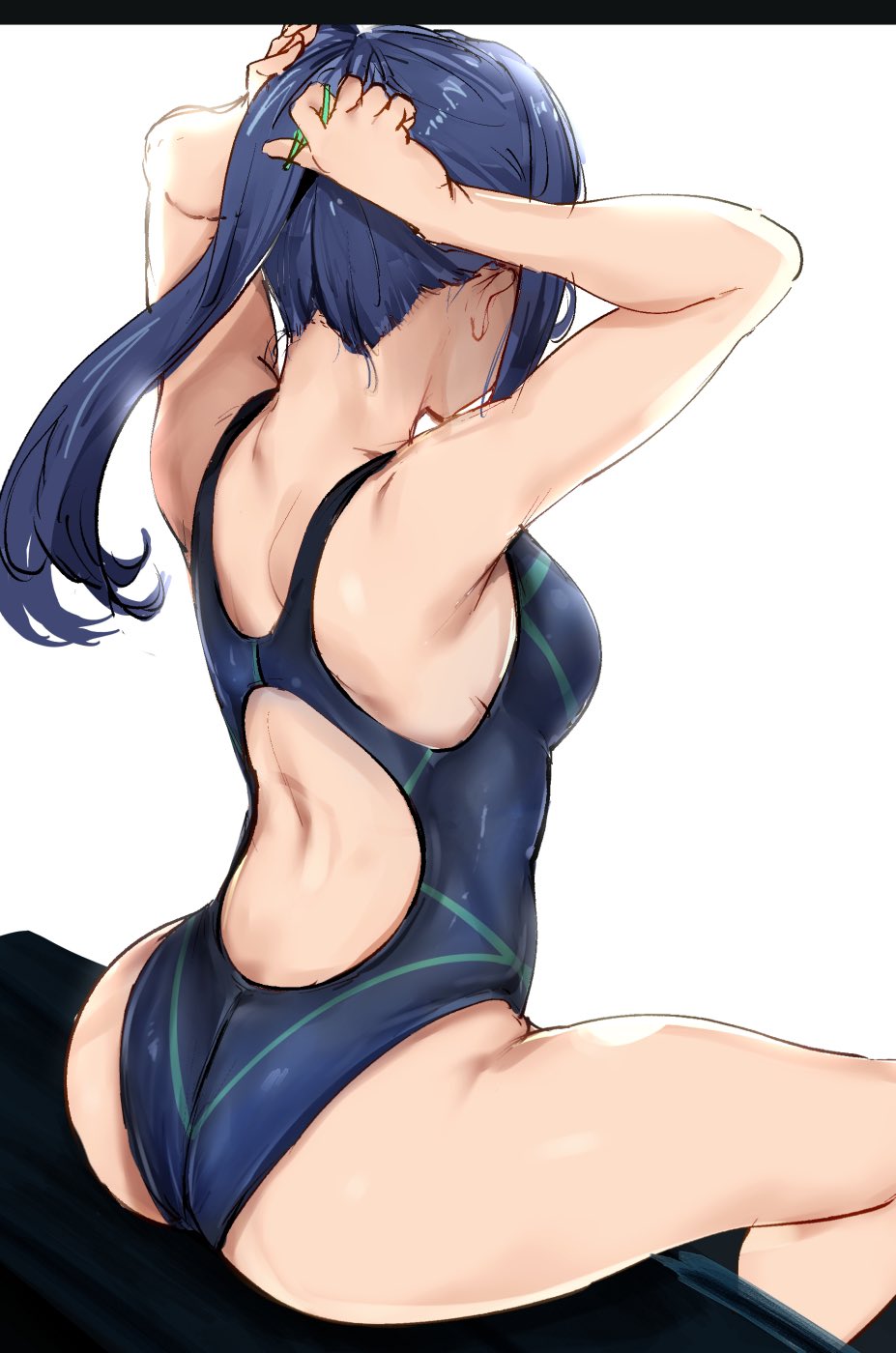 1girl alp ass bench black_swimsuit blue_hair competition_swimsuit from_behind highleg highleg_swimsuit highres holding holding_hair long_hair love_live! love_live!_sunshine!! matsuura_kanan nape one-piece_swimsuit simple_background sitting solo swimsuit white_background