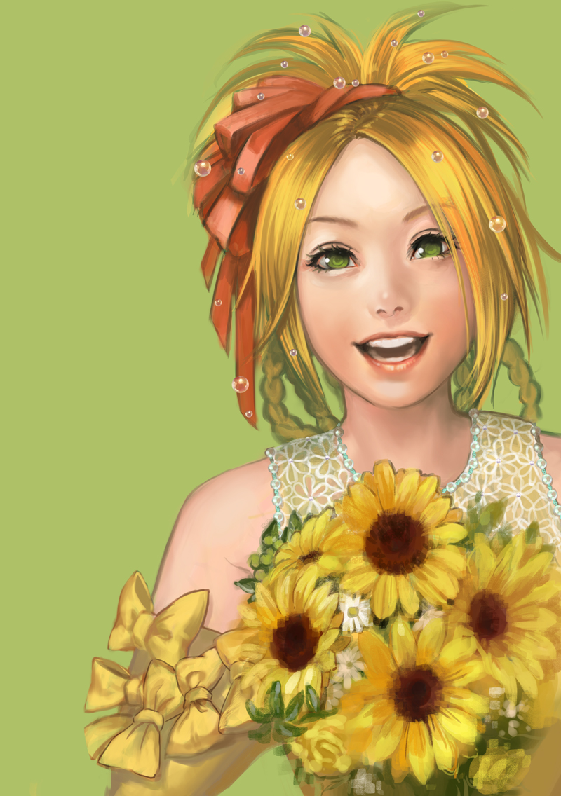 1girl blonde_hair bow detached_sleeves elbow_gloves final_fantasy final_fantasy_x flower gloves green_background green_eyes hair_ornament hair_rings hair_up looking_at_viewer nexeee open_mouth rikku simple_background sleeveless smile solo sunflower yellow_bow yellow_flower