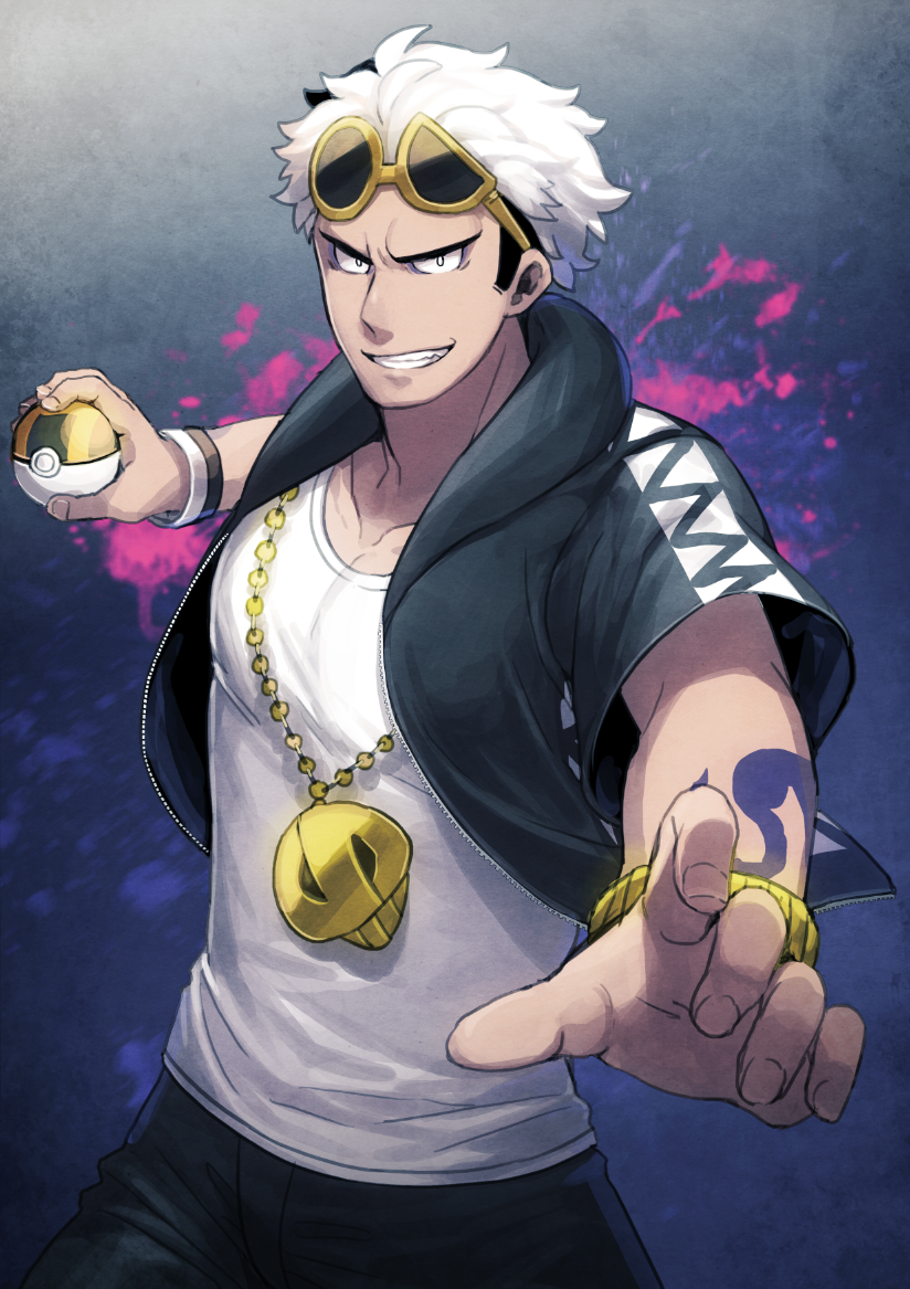 1boy black_hair eyewear_on_head guzma_(pokemon) haneten_kagatsu holding holding_poke_ball jacket multicolored_hair poke_ball pokemon pokemon_(game) pokemon_sm short_sleeves sideburns smile sunglasses team_skull two-tone_hair watch watch white_hair wrist_tattoo