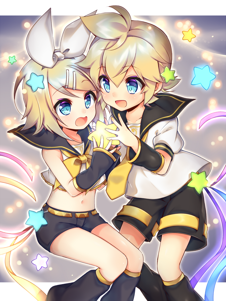 1boy 1girl :d ahoge bangs bare_thighs bass_clef black_sailor_collar black_shorts blonde_hair blue_eyes blush bow brother_and_sister collarbone commentary_request cowboy_shot crop_top detached_sleeves eyebrows_visible_through_hair hair_between_eyes hair_bow hair_ornament hairclip highres holding_star kagamine_len kagamine_rin leeannpippisum leg_warmers light_particles midriff navel neckerchief necktie open_mouth sailor_collar shirt short_hair short_shorts short_sleeves shorts siblings sidelocks sleeveless sleeveless_shirt sleeves_past_wrists smile star streamers swept_bangs treble_clef twins vocaloid white_bow white_shirt yellow_neckwear