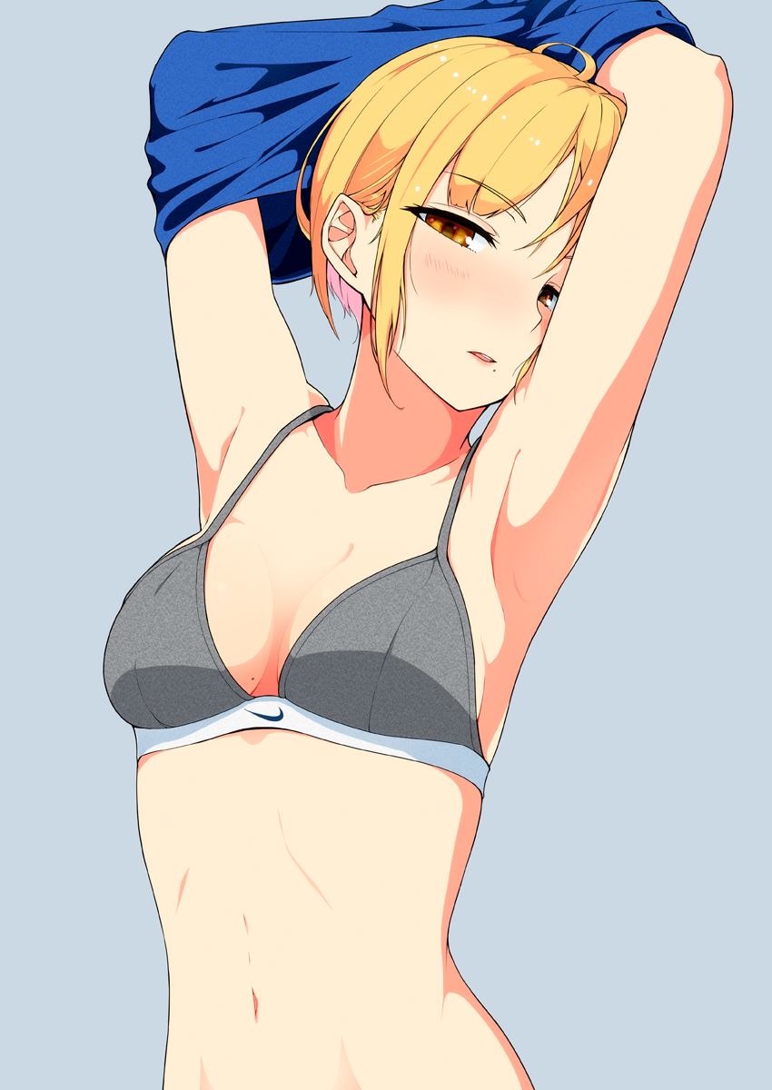 1girl blonde_hair blush bra breasts eyebrows_visible_through_hair grey_bra hands_above_head hi_iro highres original parted_lips short_hair simple_background solo sports_bra underwear undressing