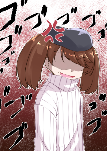 1girl anger_vein beret breast_envy brown_hair flat_chest hat kantai_collection lowres mikage_takashi ribbed_sweater ryuujou_(kantai_collection) shaded_face solo sweater twintails upper_body