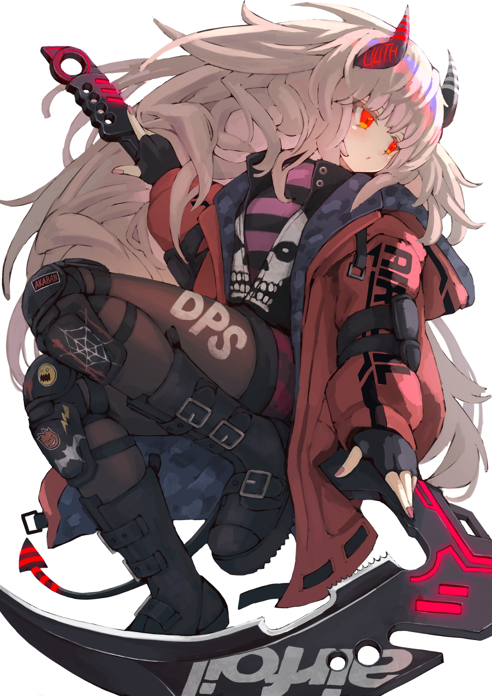 1girl belt_boots black_footwear blush boots camouflage demon_girl eyes_visible_through_hair fingernails glowing highres holding holding_scythe holding_weapon horns jacket light_blush long_hair orange_eyes original osabachan pink_nails red_jacket scythe simple_background solo striped tail weapon white_background