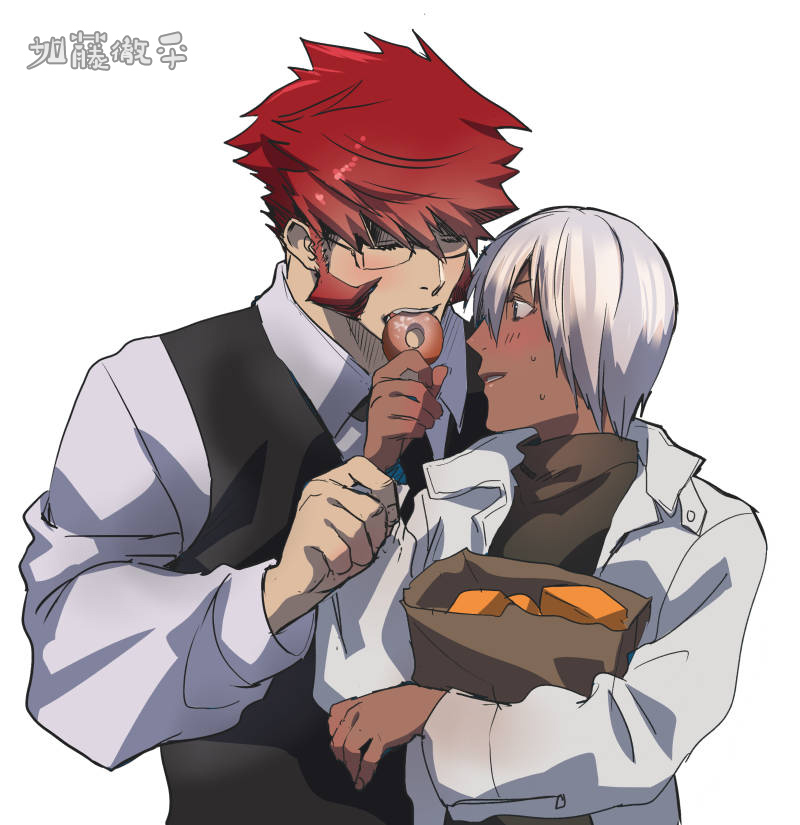 2boys blush dark_skin dark_skinned_male doughnut eating fangs food glasses jacket katou_teppei kekkai_sensen klaus_von_reinhertz male_focus multiple_boys necktie redhead waistcoat white_hair white_jacket zap_renfro