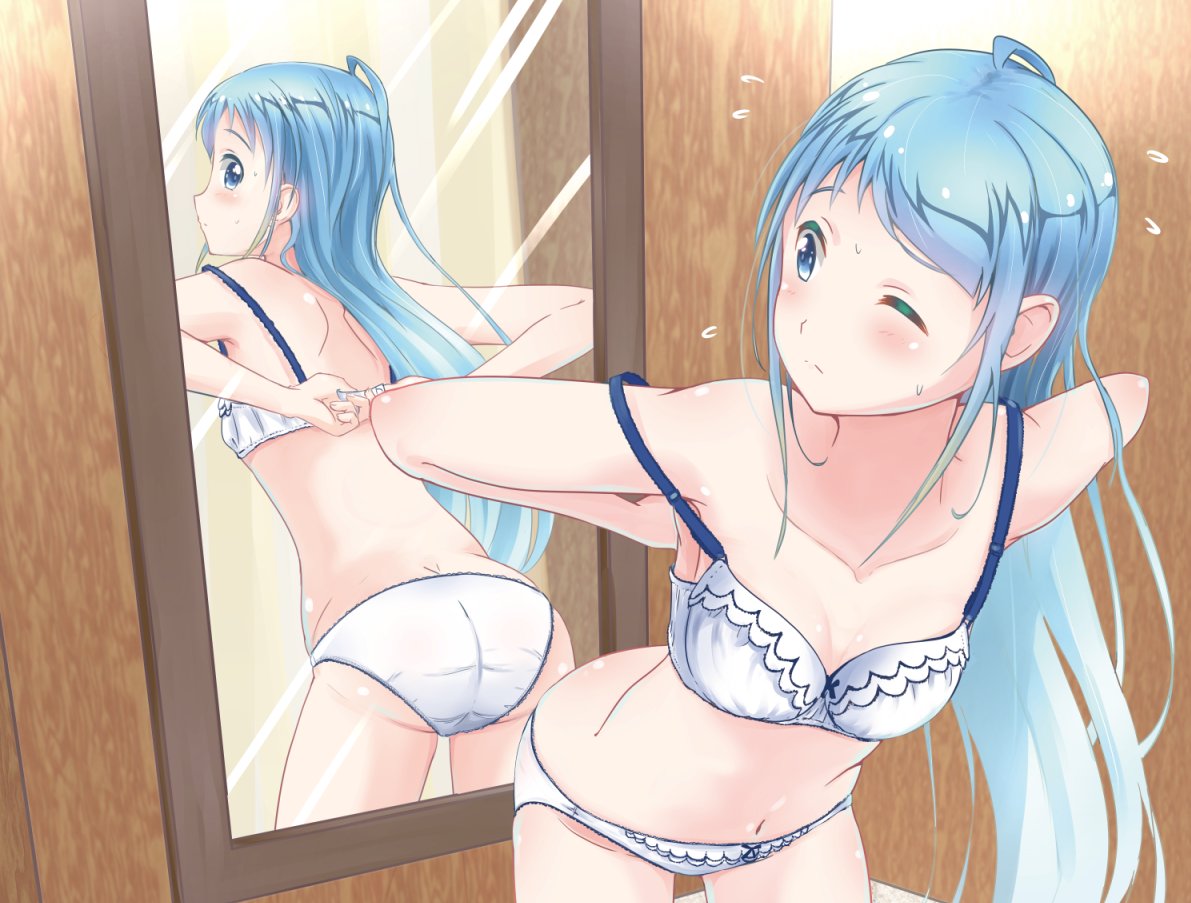 1girl bangs blue_eyes blue_hair bra breasts collarbone commentary_request dressing frilled_bra frilled_panties frills indoors kantai_collection long_hair looking_back mirror mirror_image navel one_eye_closed panties removing_bra samidare_(kantai_collection) sidelocks small_breasts solo strap_slip sweatdrop swept_bangs underwear very_long_hair wall white_bra white_panties yokoshima_(euphoria)