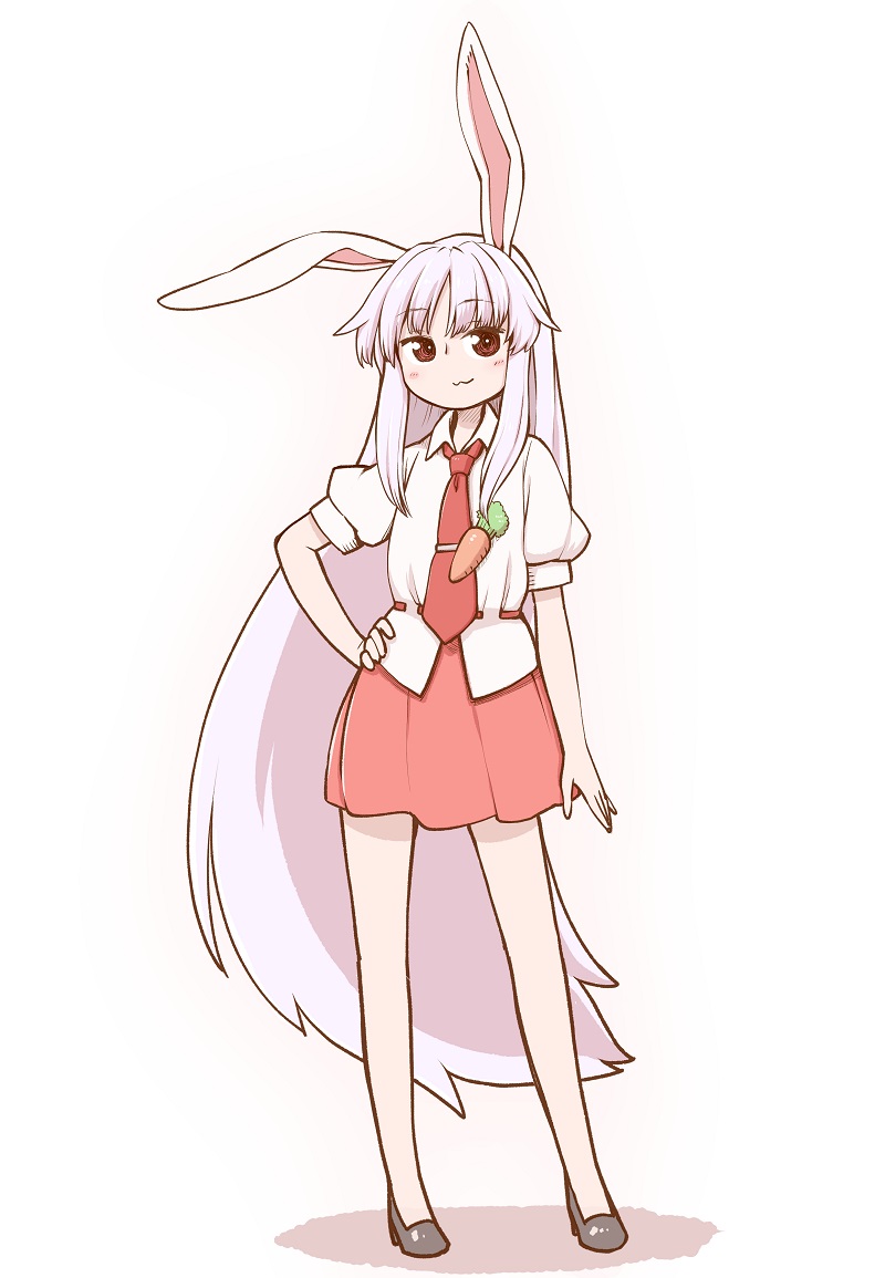 1girl :3 animal_ears bangs black_footwear blouse blush brown_eyes carrot closed_mouth contrapposto ear_down eyebrows_visible_through_hair full_body hand_on_hip high_heels long_hair looking_at_viewer necktie parted_bangs poronegi puffy_short_sleeves puffy_sleeves purple_hair rabbit_ears red_neckwear red_skirt reisen_udongein_inaba short_sleeves simple_background skirt smug solo standing touhou very_long_hair white_background white_blouse