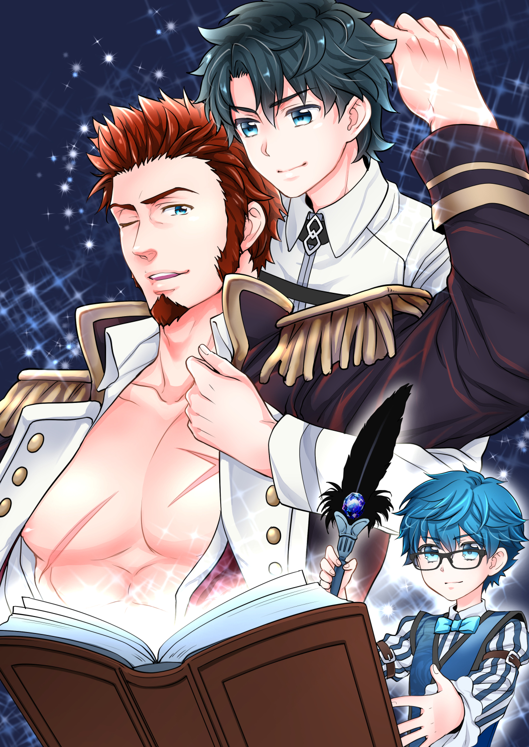 3boys abs bangs beard black_hair blue_eyes blue_hair bow bowtie brown_hair chaldea_uniform chest facial_hair fate/grand_order fate_(series) fujimaru_ritsuka_(male) glasses hair_between_eyes hans_christian_andersen_(fate) highres kanamimura2 long_sleeves male_focus military military_uniform multiple_boys muscle napoleon_bonaparte_(fate/grand_order) nipples open_mouth pectorals scar sideburns smile uniform yaoi