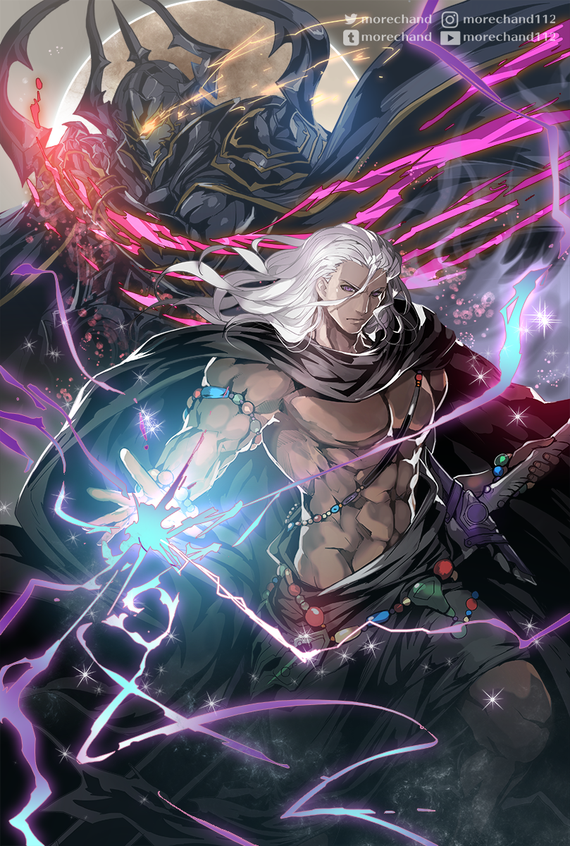 abs armlet armor bracelet cloak dual_persona final_fantasy final_fantasy_iv final_fantasy_iv_the_after glowing glowing_eyes golbeza highres jewelry looking_at_viewer magic moreshan muscle open_hand outstretched_arm serious shirtless silver_hair sword weapon