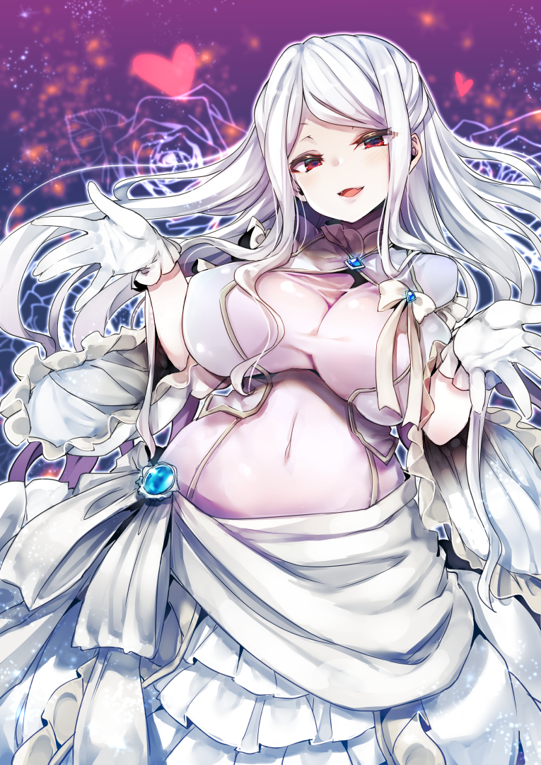 1girl breasts commentary_request covered_navel curvy dress fangs gem gloves heart large_breasts long_dress looking_at_viewer navel no_bra overlord_(maruyama) red_eyes revealing_clothes see-through shalltear_bloodfallen solo tousen w_arms white_dress white_gloves white_hair