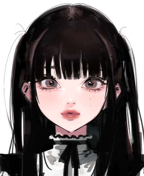1girl bangs black_hair black_neckwear black_ribbon blunt_bangs brown_eyes close-up eyebrows eyelashes face frills lips long_hair looking_at_viewer mole mole_on_cheek mole_under_eye neck_ribbon nostrils original parted_lips pink_lips portrait ribbon simple_background solo straight_hair tsurime turtleneck two_side_up uomi_(eqtjc) white_background