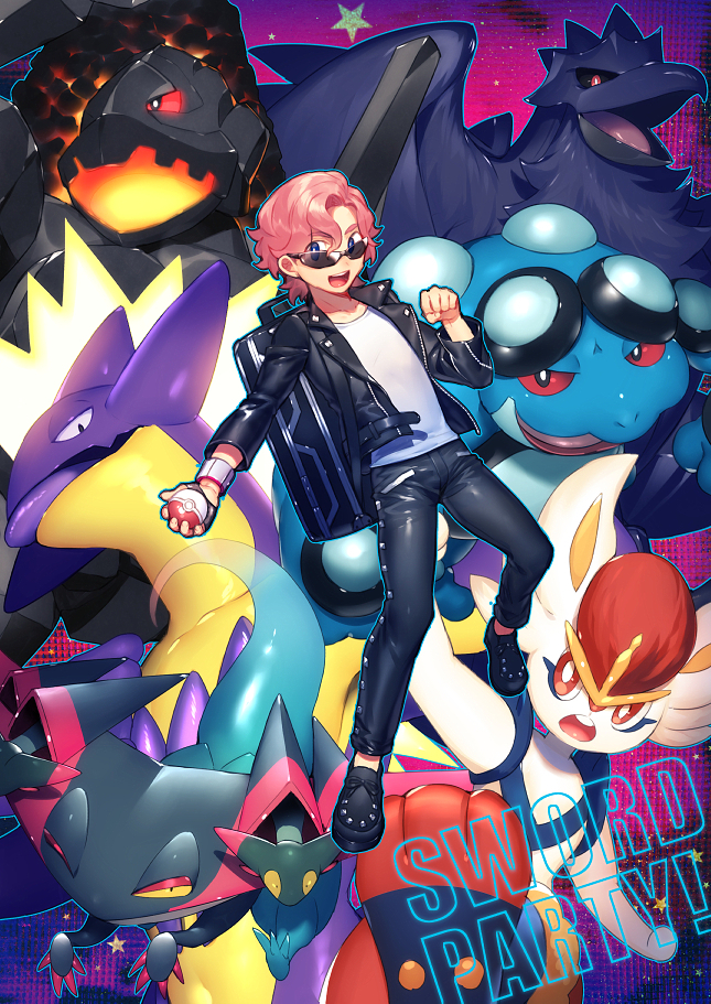 1boy backpack bag black_jacket black_pants cinderace corviknight dragapult dreepy haneten_kagatsu holding holding_poke_ball jacket leather leather_jacket leather_pants masaru_(pokemon) pants pink_hair poke_ball pokemon pokemon_(game) pokemon_swsh seismitoad sunglasses toxtricity