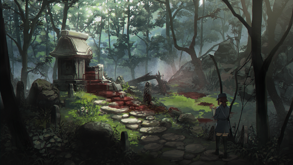 1girl black_legwear blood brown_hair forest grass hat holding japanese_clothes kinshi long_hair miko nature original outdoors ponytail rock solo standing thigh-highs tombstone tree zettai_ryouiki
