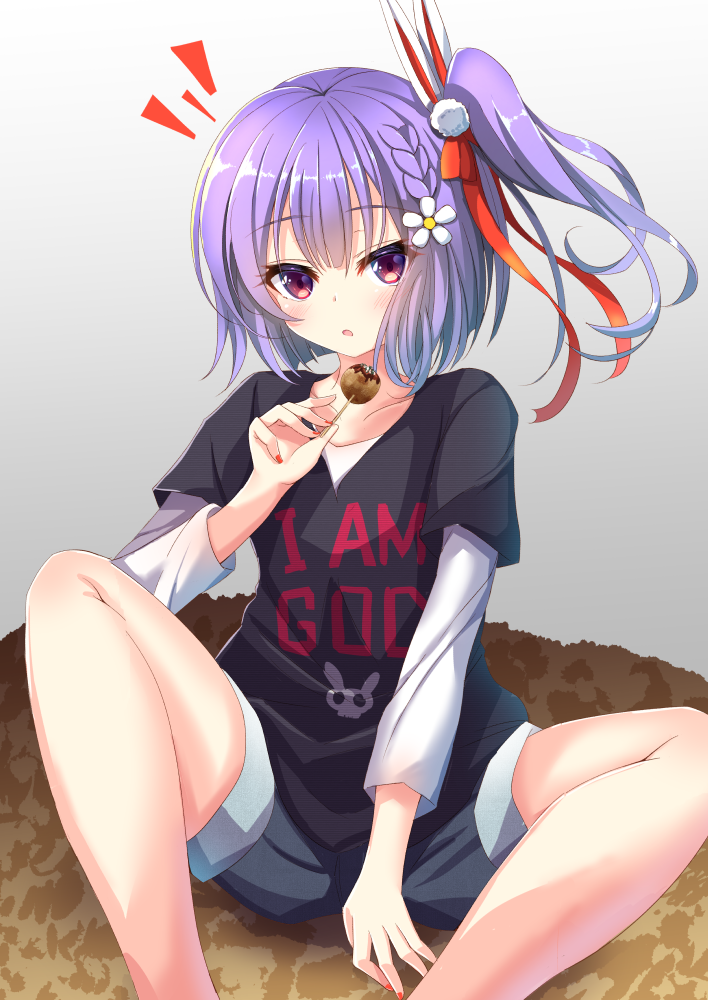 1girl alternate_costume collarbone commentary_request eating flower hair_flower hair_ornament kakeyu looking_at_viewer red_eyes shirt shorts simple_background sitting solo spread_legs tenjin_kotone tenjin_kotone_(channel) virtual_youtuber