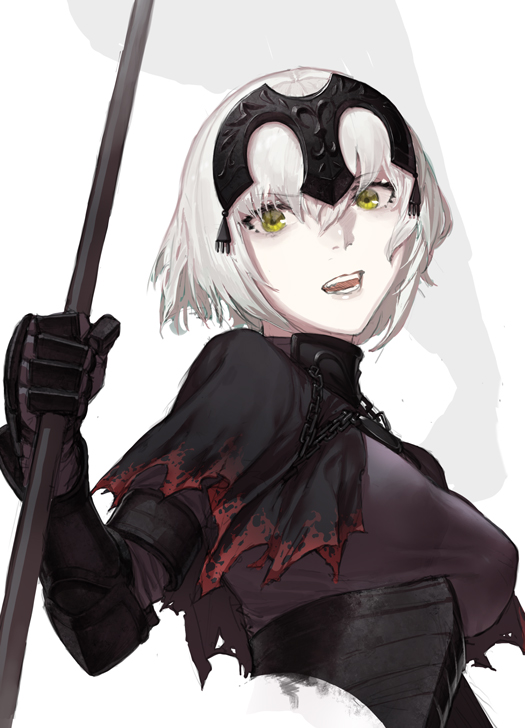 1girl :d amo_(silent_bomb19) armor breasts corset covered_nipples eyebrows_visible_through_hair fate/grand_order fate_(series) flag gauntlets gorget grey_lipstick hair_between_eyes headpiece holding holding_flag jeanne_d'arc_(alter)_(fate) jeanne_d'arc_(fate)_(all) large_breasts lipstick looking_at_viewer makeup open_mouth pale_skin short_hair smile solo upper_body white_hair yellow_eyes