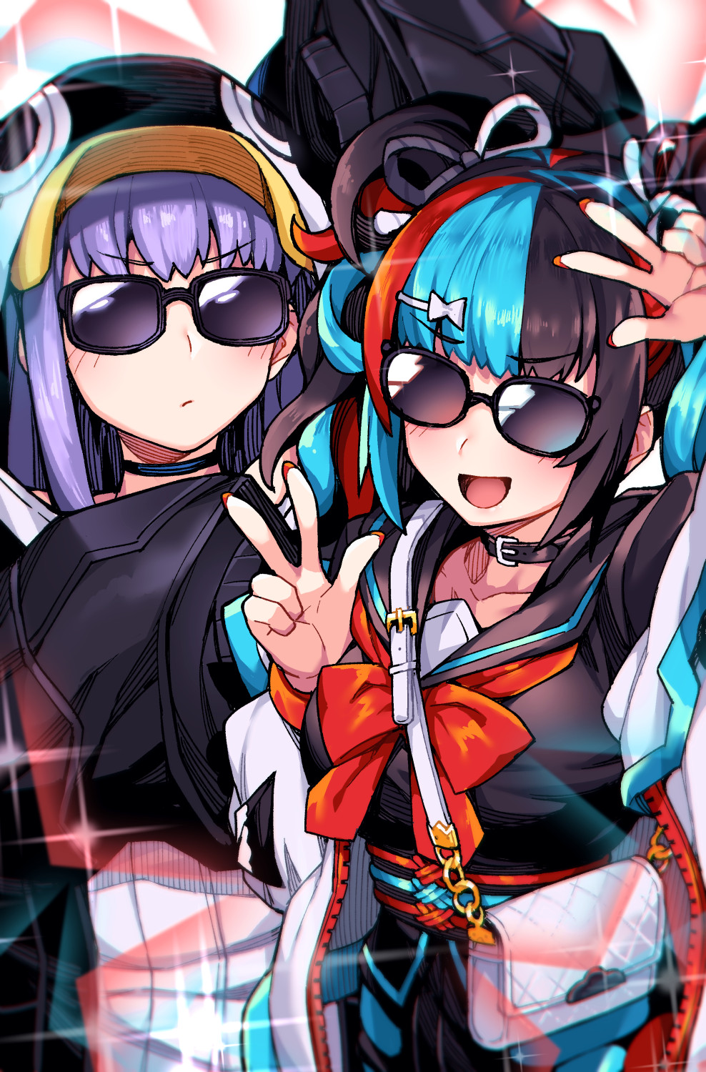 2girls animal_hood bag bangs black_hair black_jacket black_sailor_collar black_serafuku black_shirt black_skirt blue_hair blush breasts choker closed_mouth collar collarbone fate/grand_order fate_(series) hair_ornament hair_ribbon hairclip hands_up highres hood hood_up jacket jp06 large_breasts long_hair long_sleeves looking_at_viewer meltryllis meltryllis_(swimsuit_lancer)_(fate) multicolored_hair multiple_girls off-shoulder_jacket off_shoulder open_clothes open_jacket open_mouth penguin_hood purple_hair red_neckwear redhead ribbon sailor_collar school_uniform sei_shounagon_(fate) serafuku shirt shoulder_bag skirt sleeves_past_fingers sleeves_past_wrists smile sparkle sunglasses w white_jacket