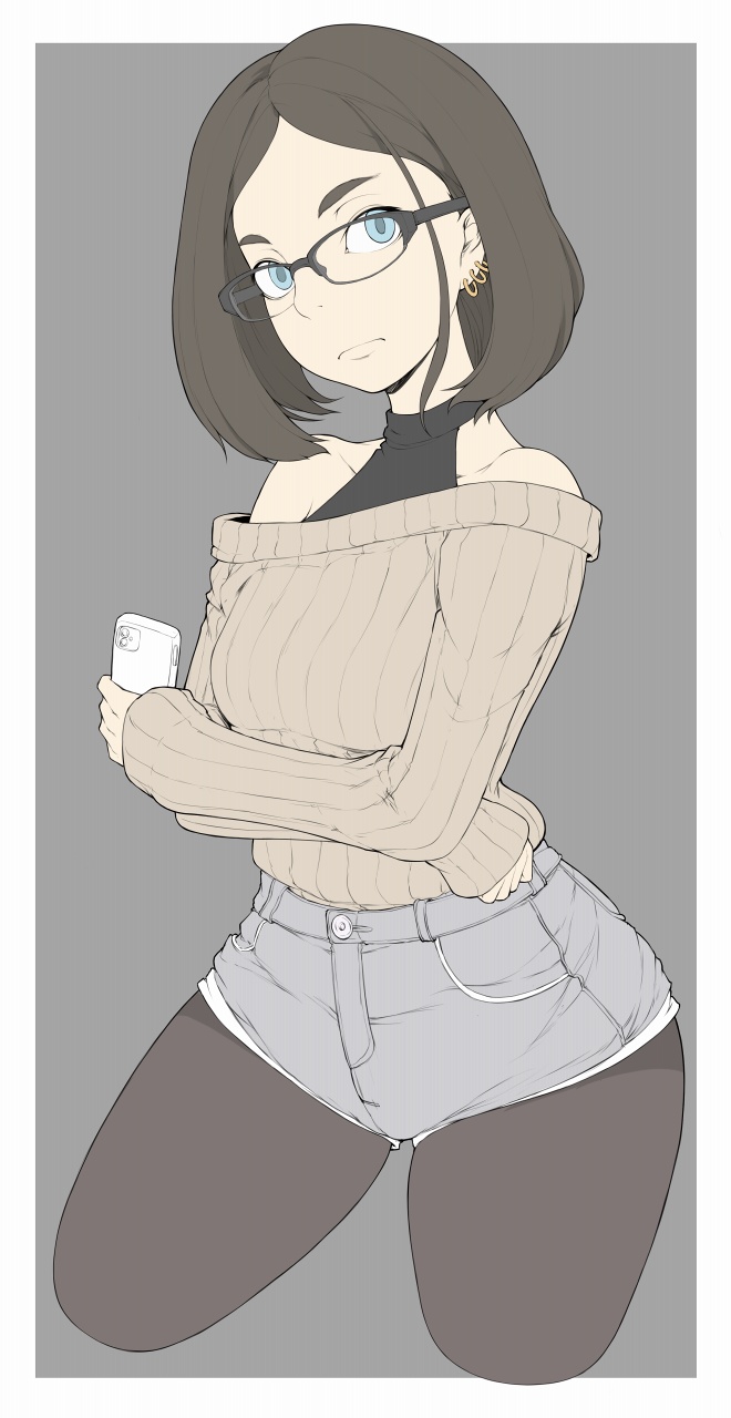 1girl bare_shoulders black_legwear blue_eyes breasts brown_hair brown_sweater cellphone closed_mouth collarbone crossed_arms denim denim_shorts earrings expressionless eyebrows flat_color glasses highres holding holding_cellphone holding_phone ina_(gokihoihoi) jewelry looking_at_viewer off-shoulder_sweater off_shoulder original pantyhose phone short_hair shorts small_breasts smartphone solo sweater