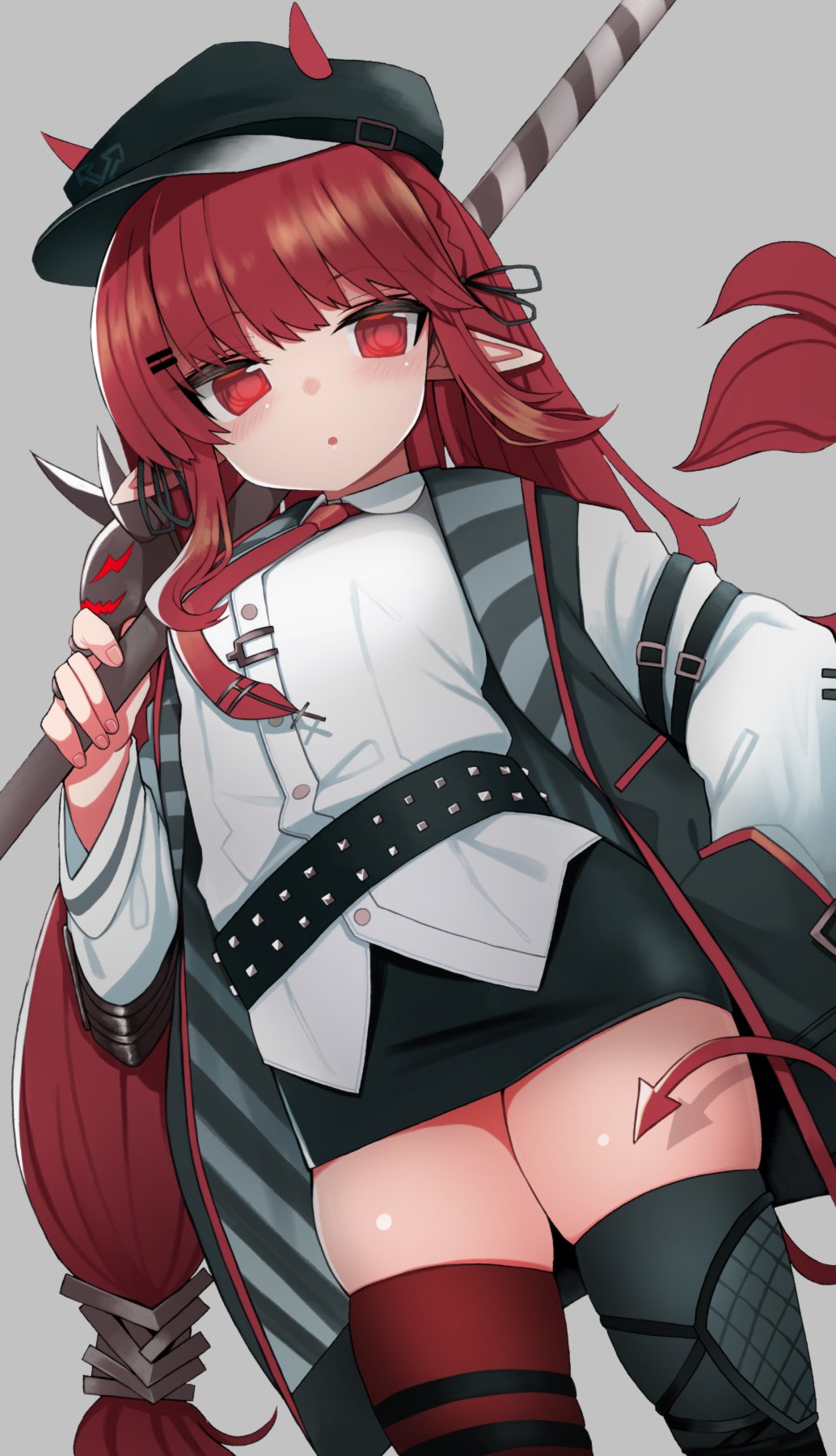 1girl :o arknights black_legwear blush commentary_request demon_tail dutch_angle grey_background hair_ribbon hat highres horns_through_headwear izuoku long_hair looking_at_viewer low-tied_long_hair mismatched_legwear necktie over_shoulder pointy_ears polearm red_eyes red_legwear redhead ribbon simple_background skindentation solo tail thigh-highs very_long_hair vigna_(arknights) weapon weapon_over_shoulder zettai_ryouiki