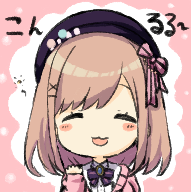 1girl :3 :d bangs beret black_headwear blush_stickers bow brown_hair cardigan chibi closed_eyes engiyoshi facing_viewer hair_bow hair_ornament hairclip hand_up hat long_sleeves nijisanji open_mouth pink_background pink_bow pink_cardigan purple_bow shirt sleeves_past_wrists smile solo striped striped_bow suzuhara_lulu swept_bangs two-tone_background upper_body virtual_youtuber white_background white_shirt x_hair_ornament