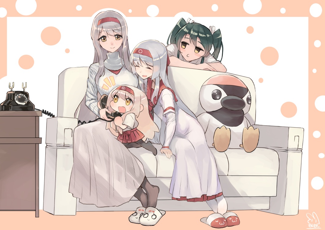 4girls :d ^_^ ^o^ artist_name black_legwear blush closed_eyes corded_phone couch dress eyebrows_visible_through_hair green_eyes green_hair hair_between_eyes hair_ribbon hakama hakama_skirt headband holding holding_phone japanese_clothes kantai_collection long_hair long_sleeves multiple_girls multiple_persona open_mouth phone red_hakama red_headband ribbon sensen shoukaku_(kantai_collection) signature silver_hair sitting slippers smile sweater thigh-highs twintails white_dress white_legwear white_ribbon white_sweater yellow_eyes zuikaku_(kantai_collection)