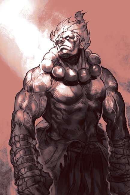 1boy abs beads belt clenched_hands closed_mouth clothes_around_waist dougi gouki hankuri male_focus manly monochrome muscle navel prayer_beads red_theme short_hair simple_background solo street_fighter street_fighter_ii_(series) topknot white_eyes