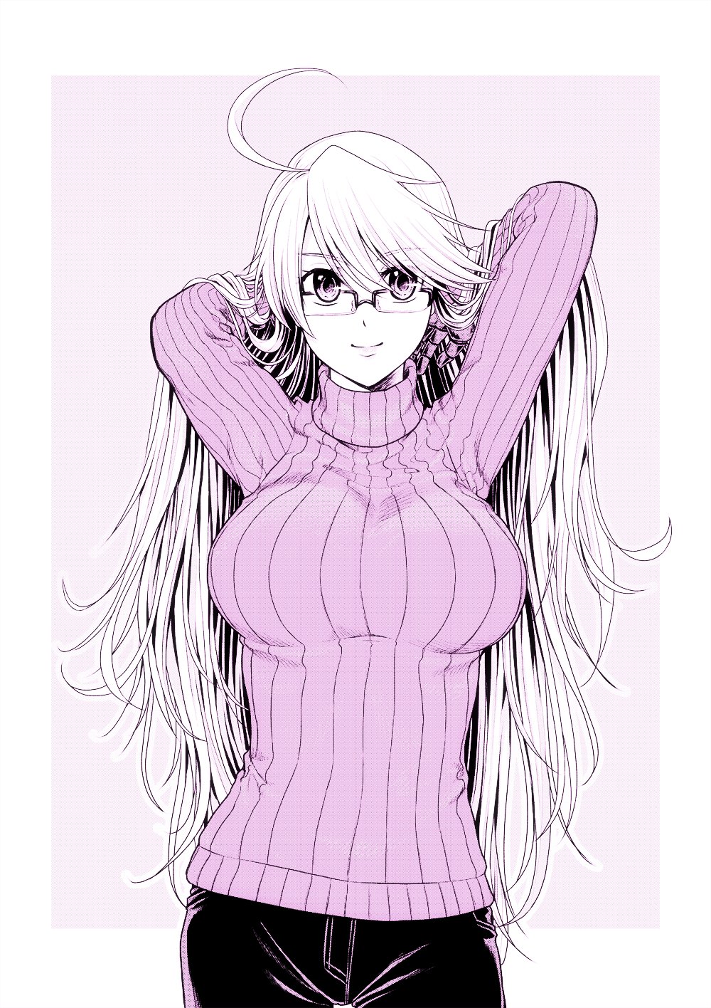 1girl ahoge alma_armas an'no_natsume artist_request breasts commentary_request denim glasses highres jeans large_breasts long_hair pants prosthetic_hand purple_sweater solo sweater va-11_hall-a