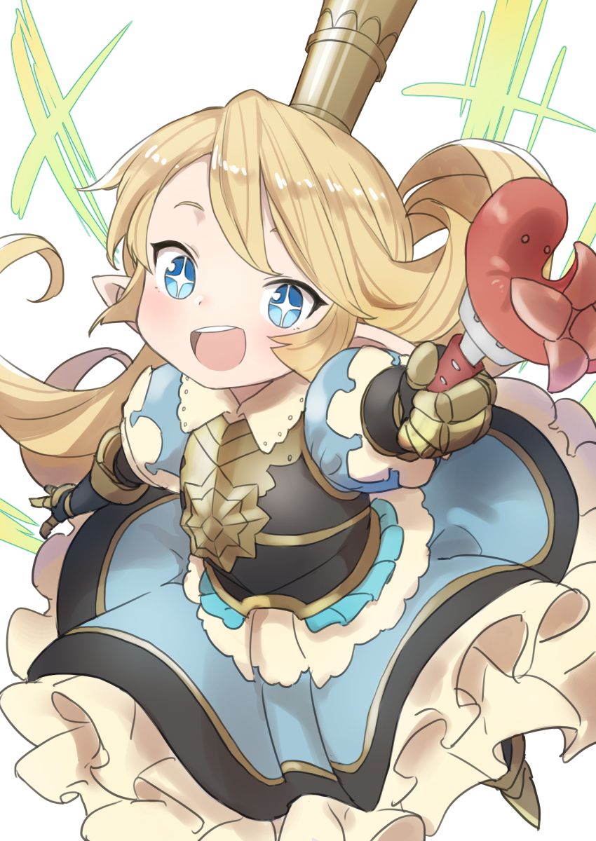 1girl :d bangs blonde_hair blue_eyes breastplate charlotta_fenia commentary crown dress excited eyebrows_behind_hair food foreshortening fork frilled_dress frills from_above full_body gauntlets gazacy_(dai) granblue_fantasy granblue_fantasy_versus highres holding holding_fork hot_dog incoming_food long_hair looking_at_viewer open_mouth petite puffy_short_sleeves puffy_sleeves raised_eyebrows short_sleeves smile solo star star-shaped_pupils symbol-shaped_pupils tako-san_wiener white_background