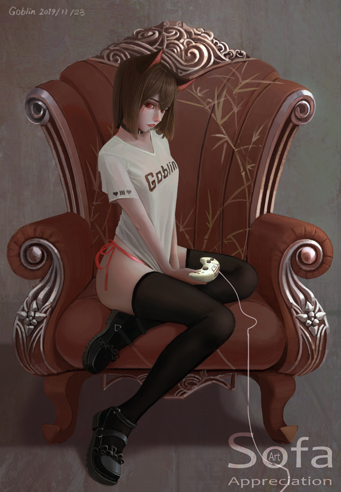 1girl 3d black_legwear breasts controller joystick large_breasts legs mr_goblin original pantyhose shirt shoes short_hair t-shirt thighs