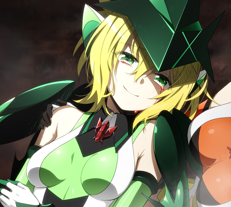 2girls akatsuki_kirika bangs black_gloves blonde_hair blood bloody_tears bodysuit breasts breasts_apart eyebrows_visible_through_hair gloves green_eyes hair_between_eyes helmet lanlanlap medium_breasts multiple_girls senki_zesshou_symphogear shiny shiny_hair short_hair shoulder_armor small_breasts tachibana_hibiki_(symphogear)