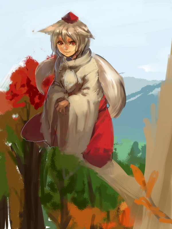 1girl animal_ears blouse branch closed_mouth day ears_down grey_hair hair_between_eyes hat inishie_kumo inubashiri_momiji long_sleeves looking_at_viewer outdoors red_eyes short_hair smile solo squatting tail tokin_hat touhou white_blouse wide_sleeves wolf_ears wolf_tail
