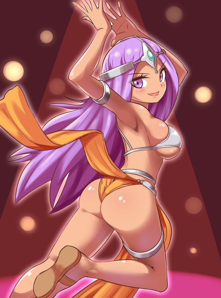 1girl armpits ass bikini_top blush breasts circlet cougar1404 dancer's_costume_(dq) dancing dark_skin dragon_quest dragon_quest_iv from_behind jewelry long_hair looking_back manya open_mouth pelvic_curtain purple_hair smile solo violet_eyes