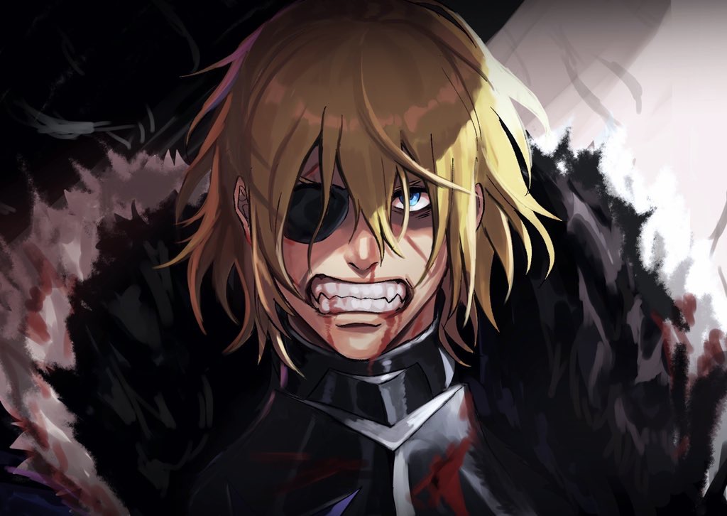 armor blonde_hair blood blood_on_face blue_eyes cape dimitri_alexandre_blaiddyd eyepatch fire_emblem fire_emblem:_three_houses fur_trim injury portrait shiyo_(jkke5275) solo teeth