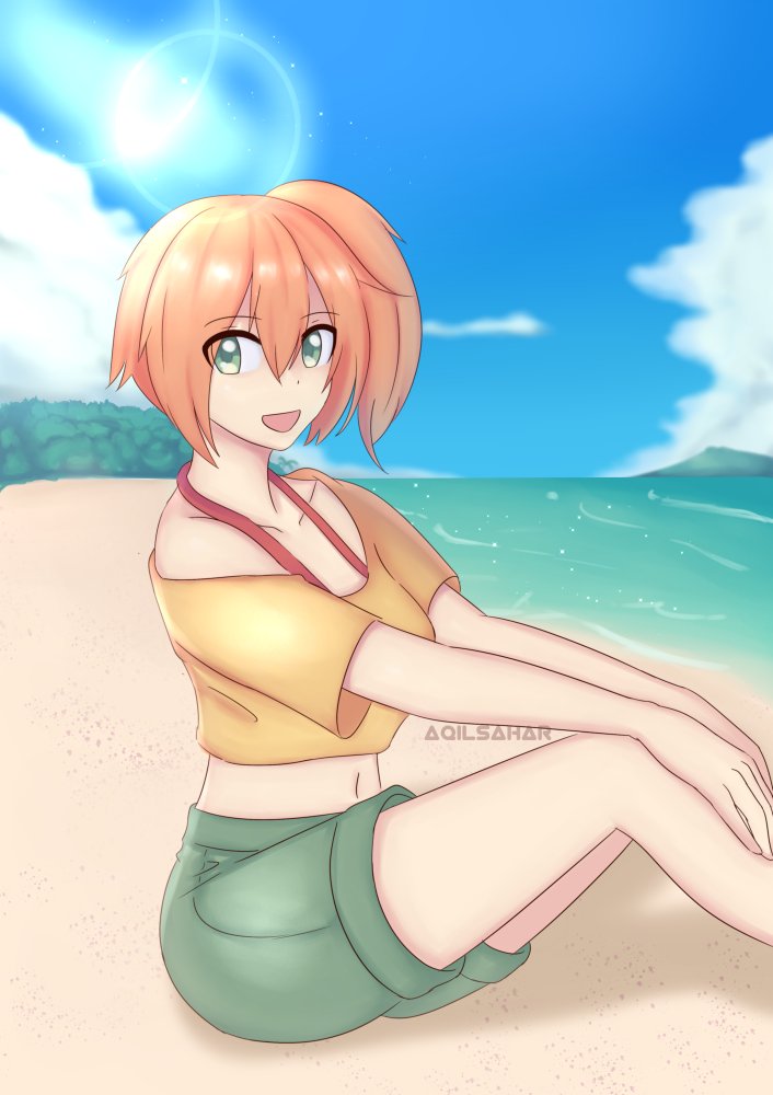 alternate_costume aqil_sahar beach bra_strap breasts covering_ears crop_top green_shorts gym_leader kasumi_(pokemon) light_rays looking_at_viewer medium_breasts navel ocean open_mouth orange_hair pokemon pokemon_(anime) pokemon_(game) ponytail shadow shirt short_hair short_sleeves shorts side_ponytail sitting sky smile solo yellow_shirt