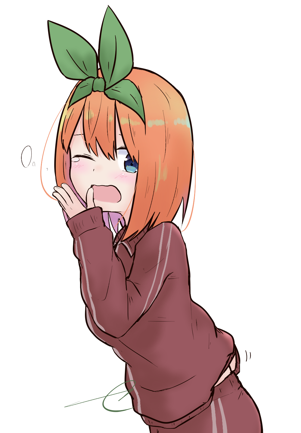 1girl bangs blue_eyes blush breasts brown_jacket brown_pants collared_jacket eyebrows_behind_hair go-toubun_no_hanayome green_ribbon hair_between_eyes hair_ribbon hand_in_jacket highres jacket kujou_karasuma long_sleeves looking_at_viewer medium_breasts nakano_yotsuba one_eye_closed open_mouth orange_hair pants ribbon signature simple_background sleeves_past_wrists solo tears track_jacket track_pants track_suit white_background yawning