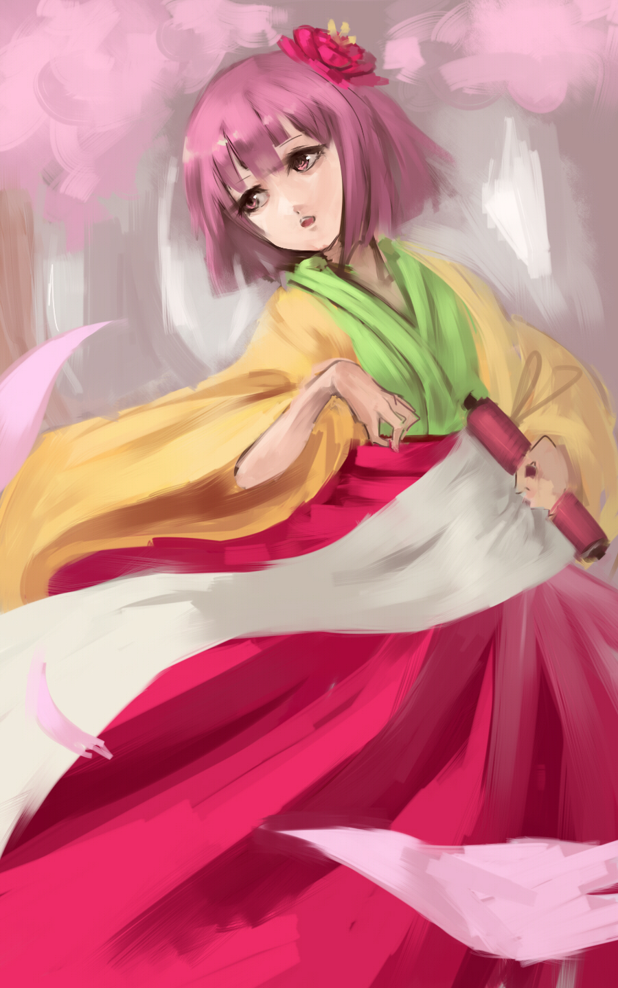 1girl bangs bob_cut brown_eyes cherry_blossoms flower hair_flower hair_ornament hakama haori head_tilt highres holding inishie_kumo japanese_clothes long_sleeves looking_to_the_side parted_bangs pink_hair pink_hakama red_flower scroll solo touhou wide_sleeves