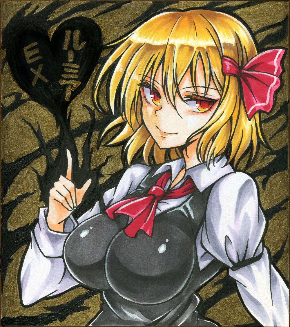 1girl bangs black_vest blonde_hair breasts character_name collar collared_shirt commentary_request ex-rumia hair_ribbon large_breasts lips long_sleeves looking_to_the_side neckerchief orange_eyes red_neckwear red_ribbon ribbon rumia shiny shiny_clothes shirt sidelocks smile solo tied_hair touhou traditional_media vest white_shirt yagami_(mukage)
