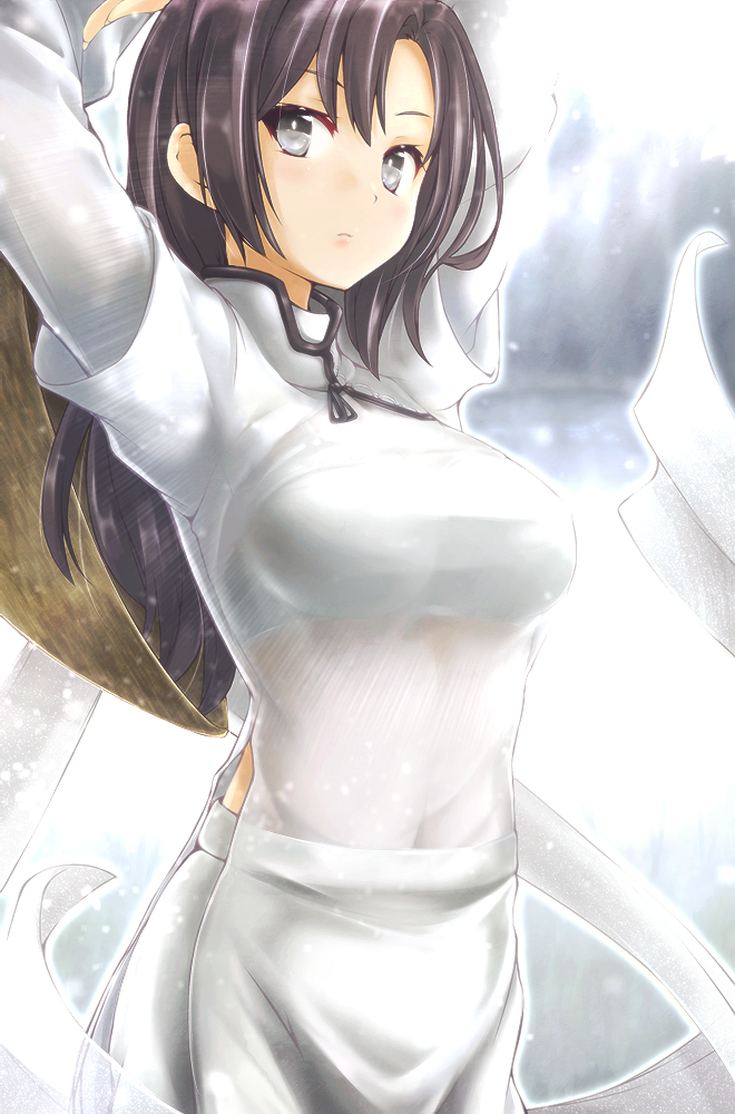 1girl akino_coto arms_up bangs black_eyes black_hair breasts closed_mouth covered_navel eyebrows_visible_through_hair hat hat_removed headwear_removed long_hair looking_at_viewer medium_breasts original rice_hat solo vietnamese_dress