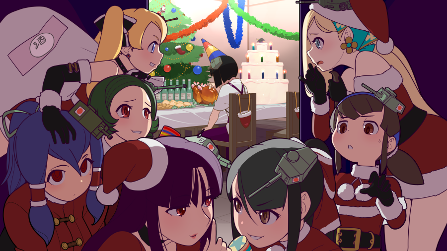 6+girls birthday_cake black_collar black_eyes black_gloves blue_eyes blue_hair bob_cut brown_eyes cake chito_(kehotank) christmas collar commentary covenanter_(kehotank) covenanter_(tank)_(personification) detached_sleeves dog_collar dress earrings elbow_gloves finger_to_mouth food gloves green_hair grin ground_vehicle hair_tubes hand_on_another's_head hat headgear jewelry leaning_forward looking_at_another military military_vehicle motor_vehicle multiple_girls open_mouth original personification red_dress red_eyes red_headwear red_sleeves sack santa_costume santa_hat short_dress short_hair shushing sitting smile soumu_(kehotank) standing strid_(kehotank) sutani_(kehotank) sweatdrop tank twintails