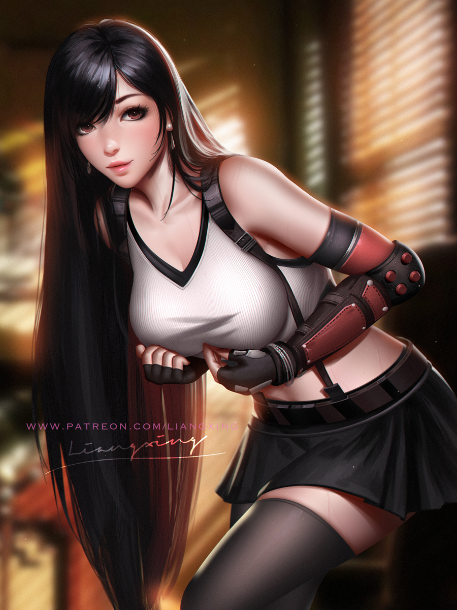 1girl arm_guards black_hair black_legwear black_skirt blurry blurry_background bracelet collarbone curtains earrings elbow_gloves final_fantasy final_fantasy_vii final_fantasy_vii_remake fingerless_gloves gloves highres jewelry leaning_forward liang_xing looking_at_viewer pleated_skirt shirt skirt solo sunlight suspenders tank_top taut_clothes taut_shirt thigh-highs tifa_lockhart white_tank_top