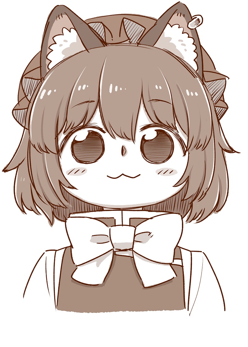 1girl :3 animal_ear_fluff animal_ears blush_stickers bow bowtie cat_ears chen closed_mouth eyebrows_visible_through_hair hat jewelry looking_at_viewer monochrome pillow_hat poronegi portrait short_hair simple_background single_earring smile solo touhou vest white_background