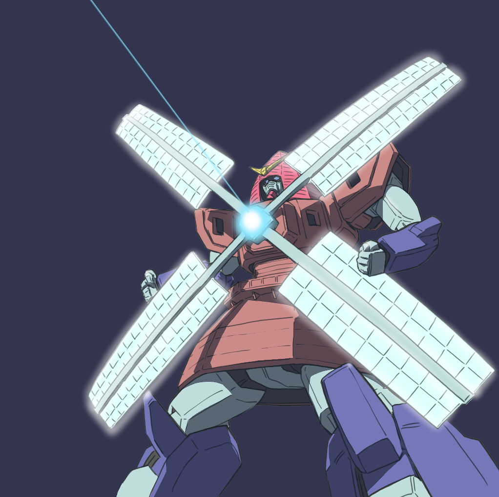 beam blue_eyes clenched_hands commentary_request g_gundam glowing gundam gundam_x mecha nether_gundam niiyan no_humans parody purple_background satellite_cannon shadow simple_background solo