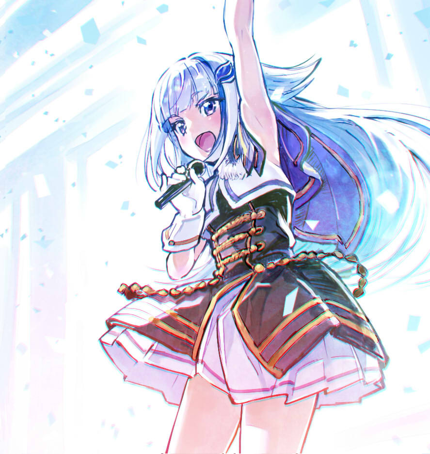 1girl arm_up black_dress blue_hair capelet commentary_request dress eyebrows_visible_through_hair floating_hair gloves hair_between_eyes hair_ornament holding holding_microphone layered_dress lize_helesta long_hair microphone nijisanji open_mouth sakino_shingetsu sleeveless sleeveless_dress solo violet_eyes virtual_youtuber white_gloves