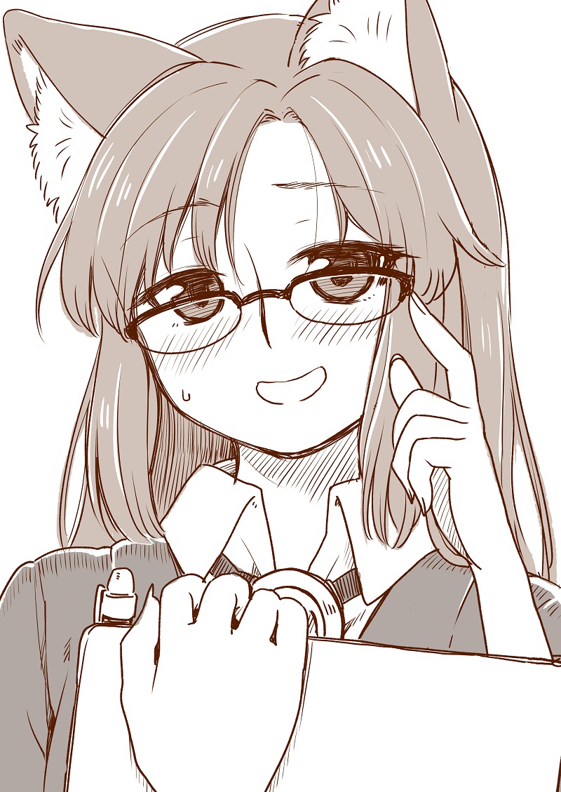 1girl :d adjusting_eyewear animal_ear_fluff animal_ears bespectacled blush clipboard collared_shirt fingernails glasses hand_up head_tilt imaizumi_kagerou long_hair monochrome open_mouth over-rim_eyewear pen poronegi semi-rimless_eyewear shirt simple_background smile solo sweatdrop touhou upper_body white_background wing_collar wolf_ears