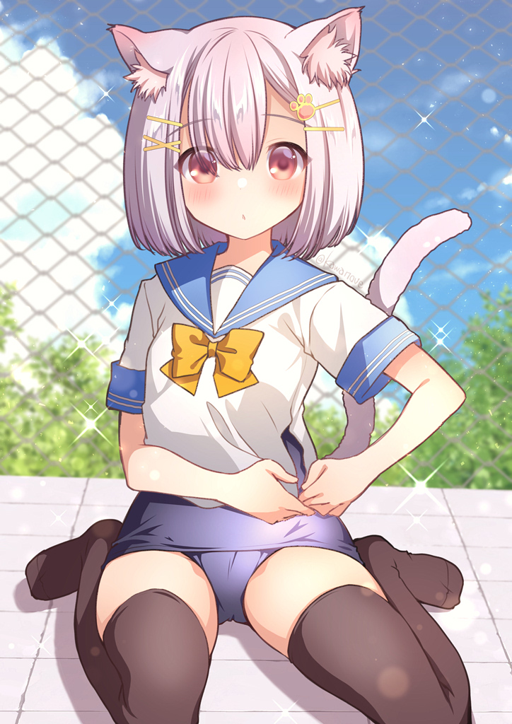 1girl animal_ear_fluff animal_ears black_legwear bow cat_ears cat_tail chain-link_fence chestnut_mouth day fence grey_hair hair_ornament hairclip kawanobe looking_at_viewer no_shoes original paw_hair_ornament school_swimsuit school_uniform serafuku shirt short_hair short_sleeves sitting solo swimsuit swimsuit_under_clothes tail thigh-highs twitter_username uniform wariza white_shirt yellow_bow